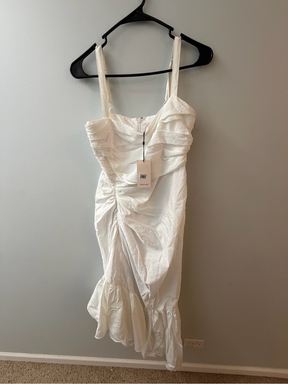 cinq a sept White Ruched Midi Dress with Ruffle Hem Detail